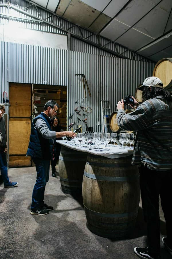 hombre sirviendo copas para una cata de vinos en una bodega